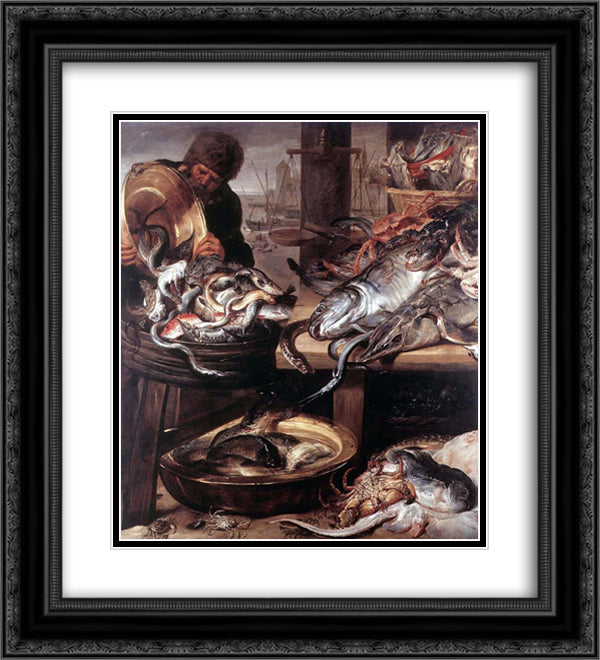 The Fishmonger 20x22 Black Ornate Wood Framed Art Print Poster with Double Matting by Snyders, Frans