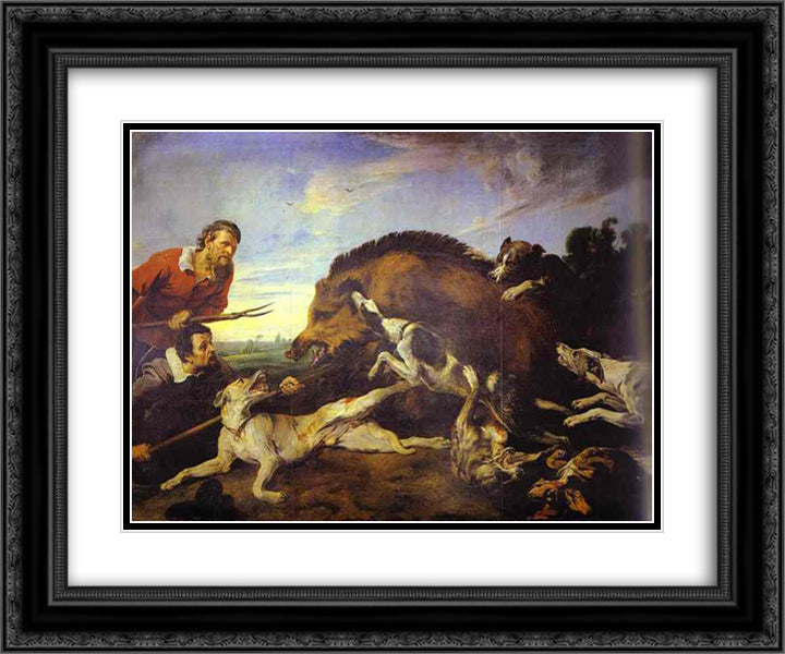 The Wild Boar Hunt 24x20 Black Ornate Wood Framed Art Print Poster with Double Matting by Snyders, Frans