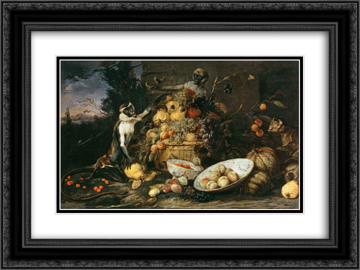 Three Monkeys Stealing Fruit 24x18 Black Ornate Wood Framed Art Print Poster with Double Matting by Snyders, Frans
