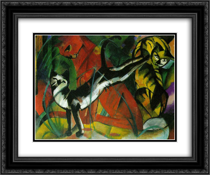 Three Cats 24x20 Black Ornate Wood Framed Art Print Poster with Double Matting by Marc, Franz