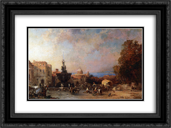 A Market in Naples 24x18 Black Ornate Wood Framed Art Print Poster with Double Matting by Unterberger, Franz Richard