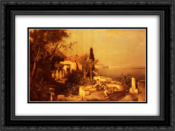 Fishermen on the Terrace 24x18 Black Ornate Wood Framed Art Print Poster with Double Matting by Unterberger, Franz Richard