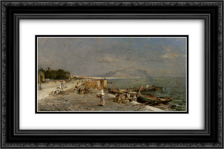 On The Waterfront at Palermo 24x16 Black Ornate Wood Framed Art Print Poster with Double Matting by Unterberger, Franz Richard