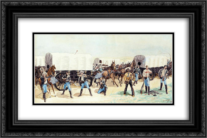 Attack on the Supply Train 24x16 Black Ornate Wood Framed Art Print Poster with Double Matting by Remington, Frederic