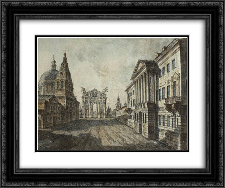 Tverskaya Street and Triumphal Arch in the Strastnaya Square 24x20 Black Ornate Wood Framed Art Print Poster with Double Matting by Alekseyev, Fyodor