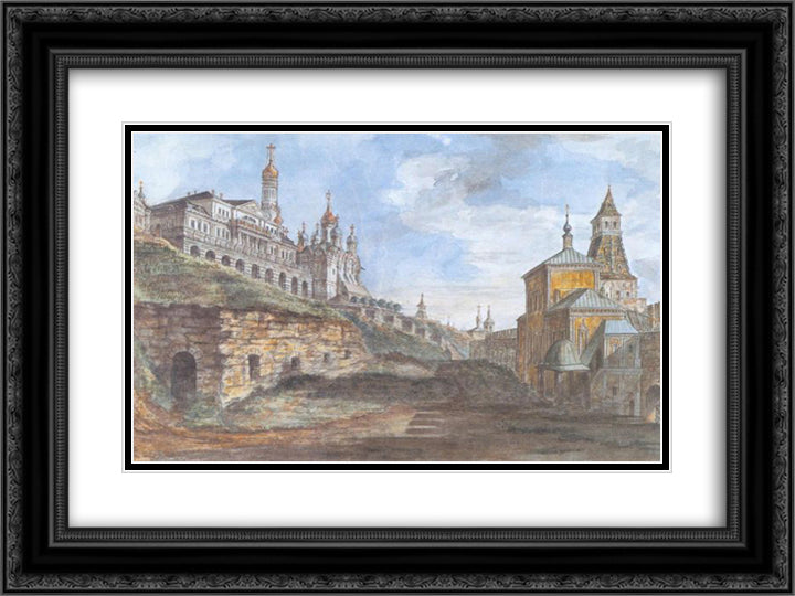 View of the Sovereign's Palace and the Church of the Annunciation in the Rye yard 24x18 Black Ornate Wood Framed Art Print Poster with Double Matting by Alekseyev, Fyodor