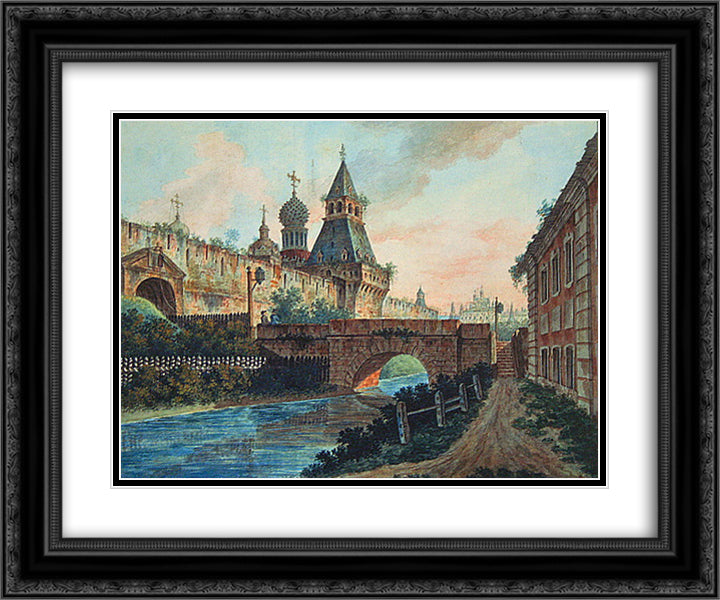 View of Vladimirskiye (Nikolskiye) Gate of Kitai gorod 24x20 Black Ornate Wood Framed Art Print Poster with Double Matting by Alekseyev, Fyodor