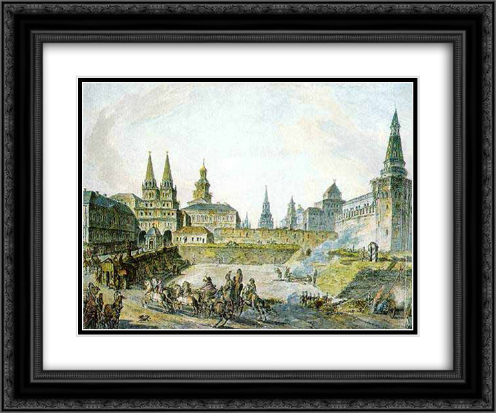 View of Voskresenskiye (Resurrection) Gates of Kitay gorod, Nikolskye Gate of Kremlin and Neglinny bridge. 24x20 Black Ornate Wood Framed Art Print Poster with Double Matting by Alekseyev, Fyodor