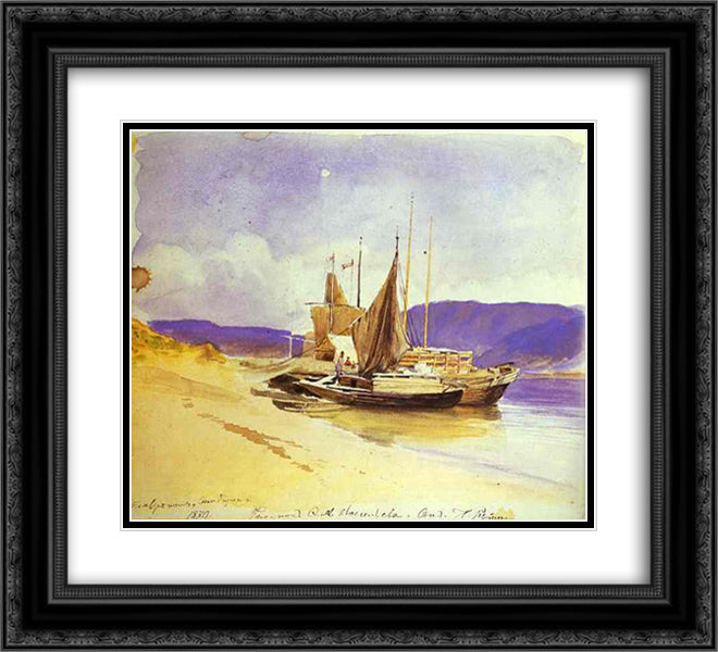 Barges near the Bank 22x20 Black Ornate Wood Framed Art Print Poster with Double Matting by Vasilyev, Fyodor