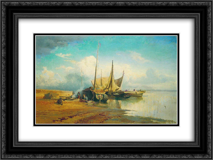 Barges on Volga 24x18 Black Ornate Wood Framed Art Print Poster with Double Matting by Vasilyev, Fyodor