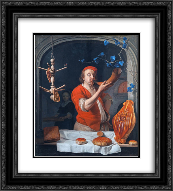 A Baker Blowing his Horn 20x22 Black Ornate Wood Framed Art Print Poster with Double Matting by Metsu, Gabriel