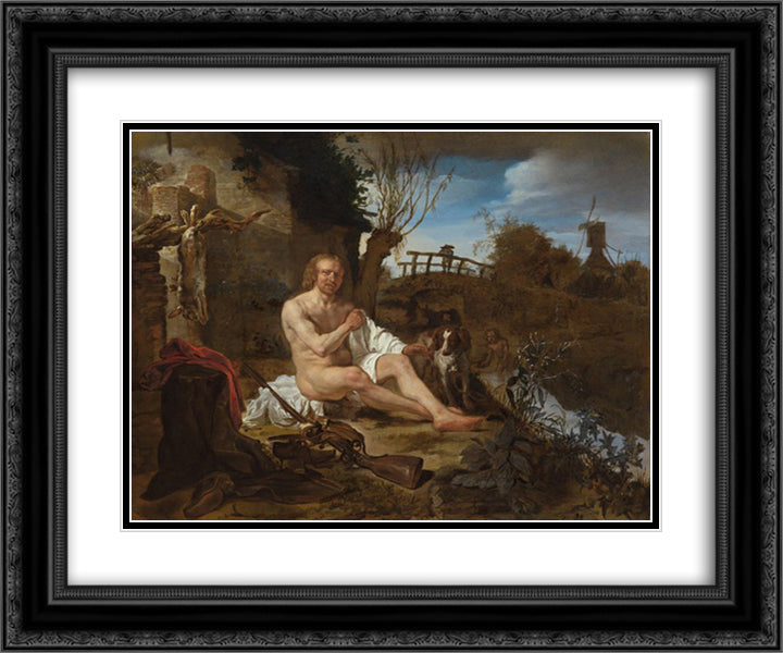 A Hunter Getting Dressed after Bathing 24x20 Black Ornate Wood Framed Art Print Poster with Double Matting by Metsu, Gabriel