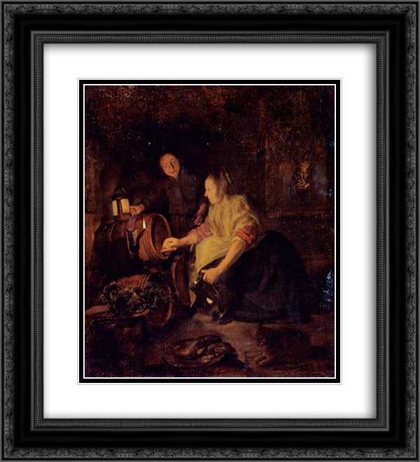 A Woman Drawing Wine from a Barrel 20x22 Black Ornate Wood Framed Art Print Poster with Double Matting by Metsu, Gabriel