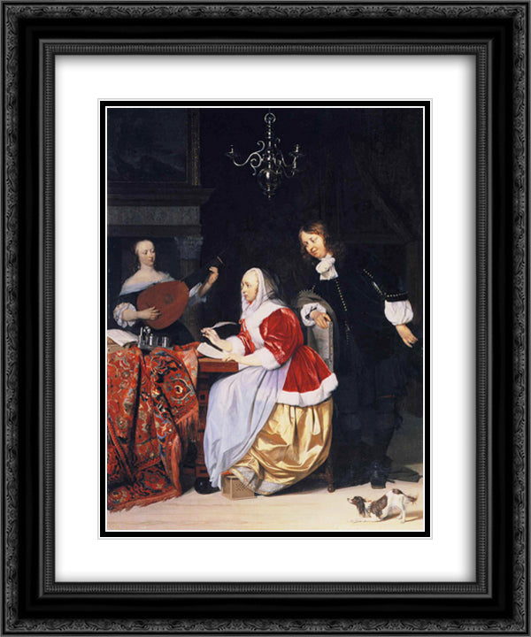 A Young Woman Composing Music 20x24 Black Ornate Wood Framed Art Print Poster with Double Matting by Metsu, Gabriel