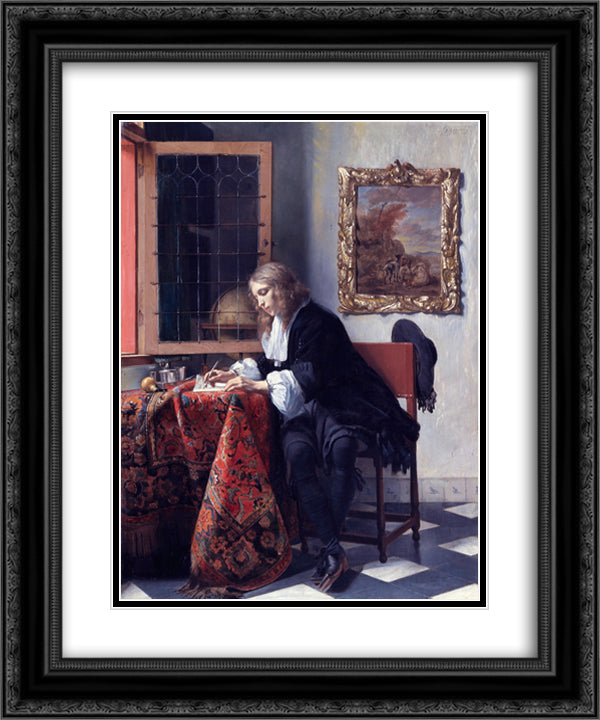 Man Writing a Letter 20x24 Black Ornate Wood Framed Art Print Poster with Double Matting by Metsu, Gabriel