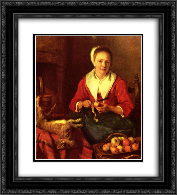 The Apple Peeler 20x22 Black Ornate Wood Framed Art Print Poster with Double Matting by Metsu, Gabriel