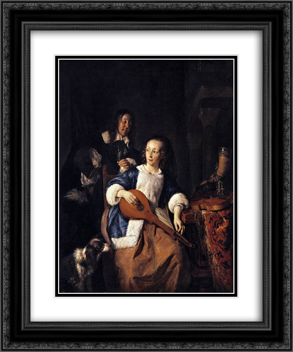 The Cittern Player 20x24 Black Ornate Wood Framed Art Print Poster with Double Matting by Metsu, Gabriel