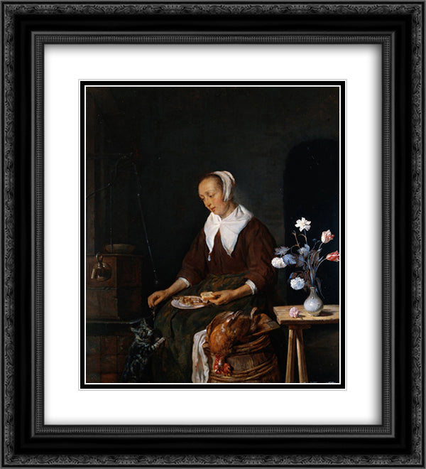 Woman Eating 20x22 Black Ornate Wood Framed Art Print Poster with Double Matting by Metsu, Gabriel