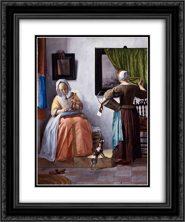 Woman Reading a Letter 20x24 Black Ornate Wood Framed Art Print Poster with Double Matting by Metsu, Gabriel