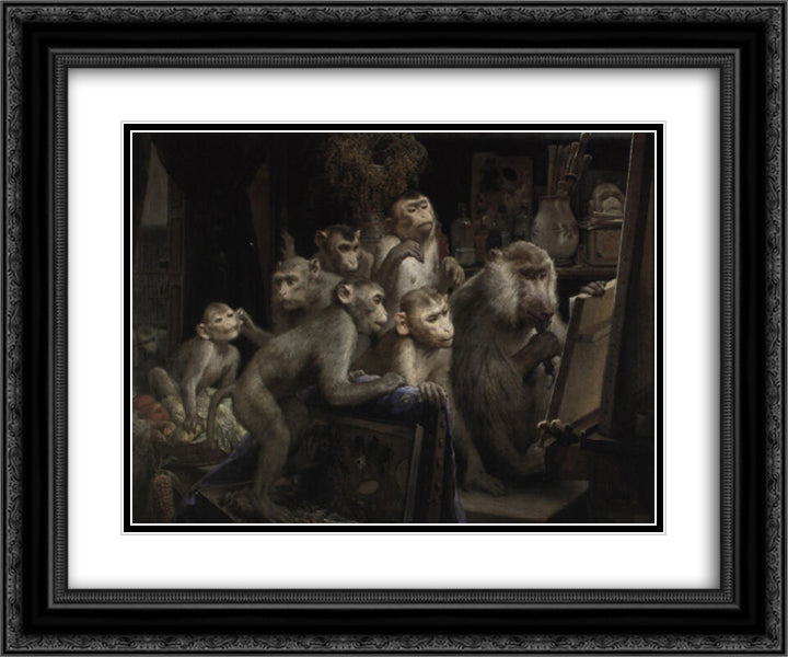 Monkeys and painting 24x20 Black Ornate Wood Framed Art Print Poster with Double Matting by Max, Gabriel von
