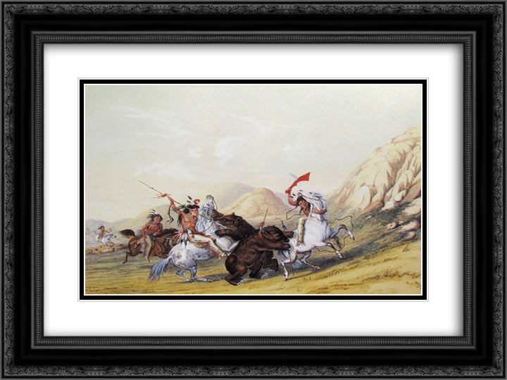 Attacking the Grizzly Bear 24x18 Black Ornate Wood Framed Art Print Poster with Double Matting by Catlin, George