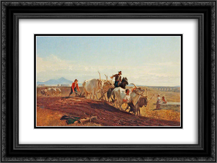 Ploughing in the Campagna 24x18 Black Ornate Wood Framed Art Print Poster with Double Matting by Mason, George Hemming