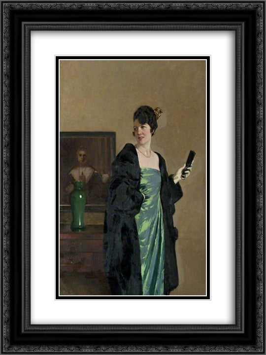 Lady in a Green Dress 18x24 Black Ornate Wood Framed Art Print Poster with Double Matting by Henry, George