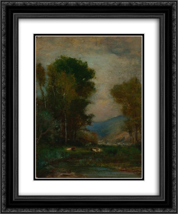Cows by a Stream 20x24 Black Ornate Wood Framed Art Print Poster with Double Matting by Inness, George
