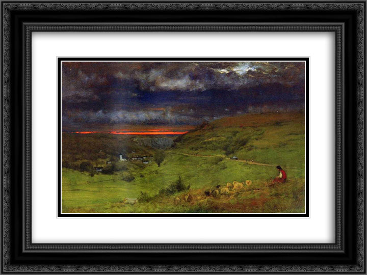 Sunset at Etretat 24x18 Black Ornate Wood Framed Art Print Poster with Double Matting by Inness, George