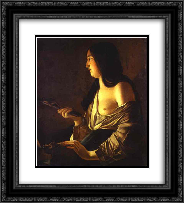 Repenting Magdalene, also called Magdalene in a Flickering Light 20x22 Black Ornate Wood Framed Art Print Poster with Double Matting by La Tour, Georges de