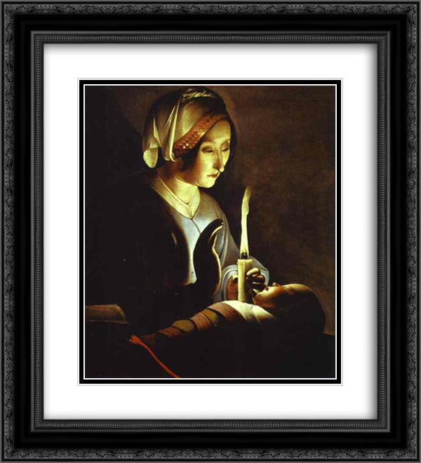 The Newborn, also called St. Anne and the Virgin in Linen 20x22 Black Ornate Wood Framed Art Print Poster with Double Matting by La Tour, Georges de