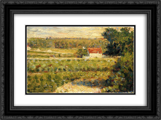 House with Red Roof 24x18 Black Ornate Wood Framed Art Print Poster with Double Matting by Seurat, Georges