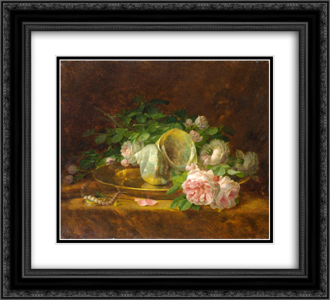 Platter with Seashells, Roses, Pearls and Earrings 22x20 Black Ornate Wood Framed Art Print Poster with Double Matting by Jakobides, Georgios