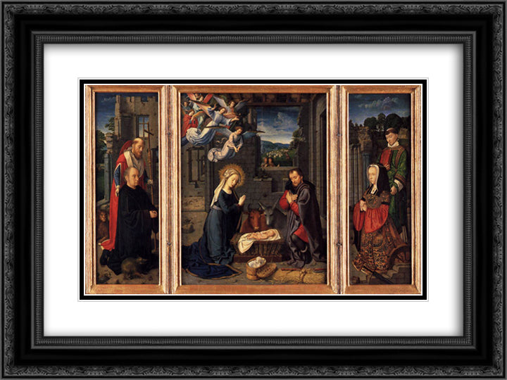 Triptych with the Nativity 24x18 Black Ornate Wood Framed Art Print Poster with Double Matting by David, Gerard