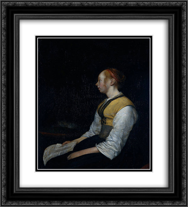 Girl in Peasant Costume. Probably Gesina the Painter's Half Sister. 20x22 Black Ornate Wood Framed Art Print Poster with Double Matting by Terborch, Gerard