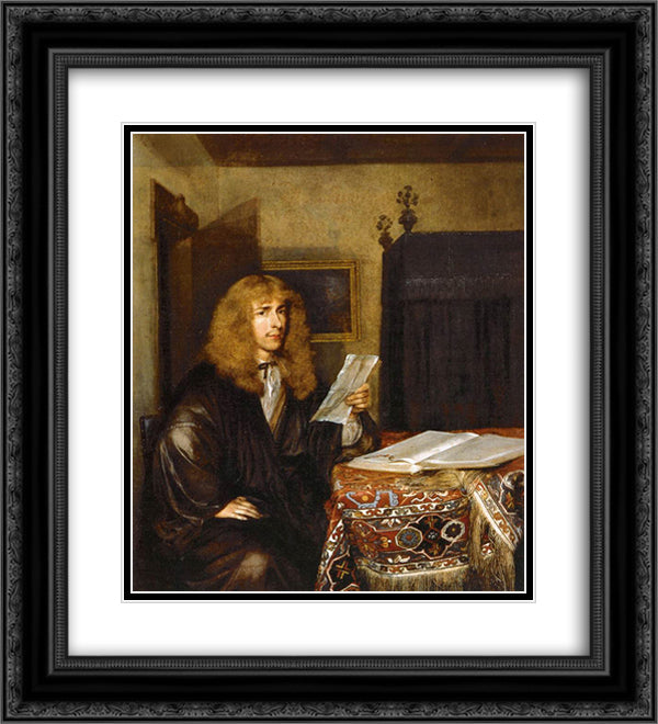 Portrait of a Man Reading 20x22 Black Ornate Wood Framed Art Print Poster with Double Matting by Terborch, Gerard
