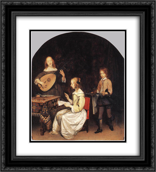 The Concert Singer and Theorbo Player 20x22 Black Ornate Wood Framed Art Print Poster with Double Matting by Terborch, Gerard