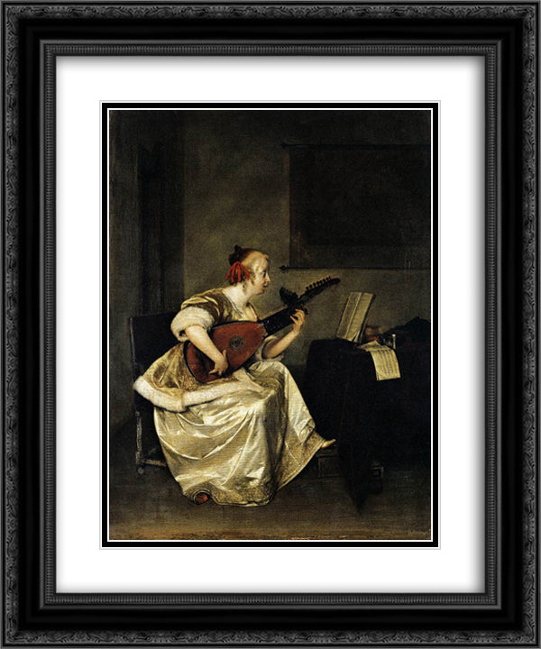 The Lute Player 20x24 Black Ornate Wood Framed Art Print Poster with Double Matting by Terborch, Gerard