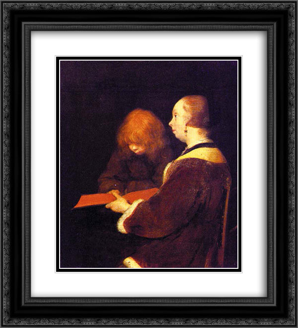 The Reading Lesson 20x22 Black Ornate Wood Framed Art Print Poster with Double Matting by Terborch, Gerard