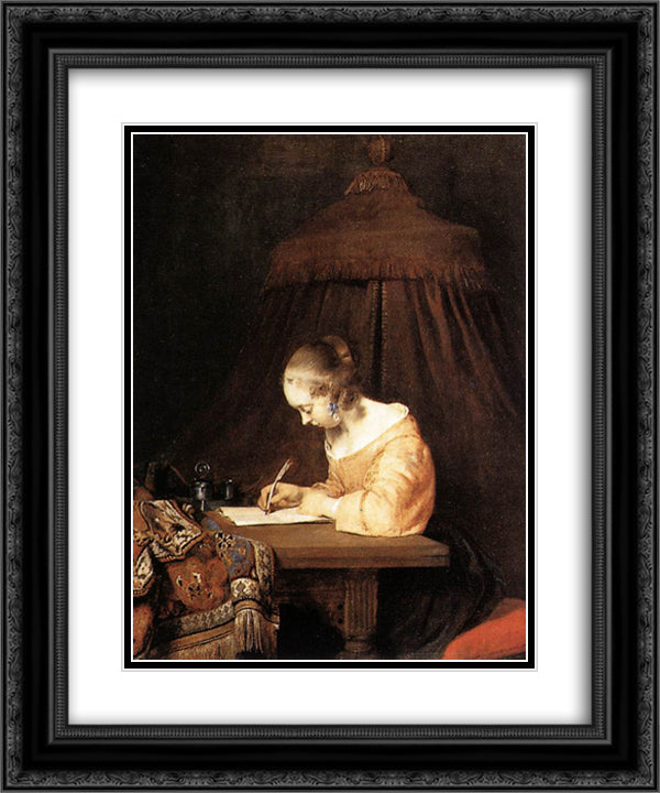 Woman Writing A Letter 20x24 Black Ornate Wood Framed Art Print Poster with Double Matting by Terborch, Gerard