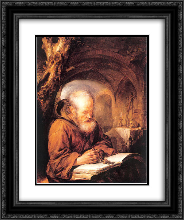A Hermit Praying 20x24 Black Ornate Wood Framed Art Print Poster with Double Matting by Gerrit, Dou