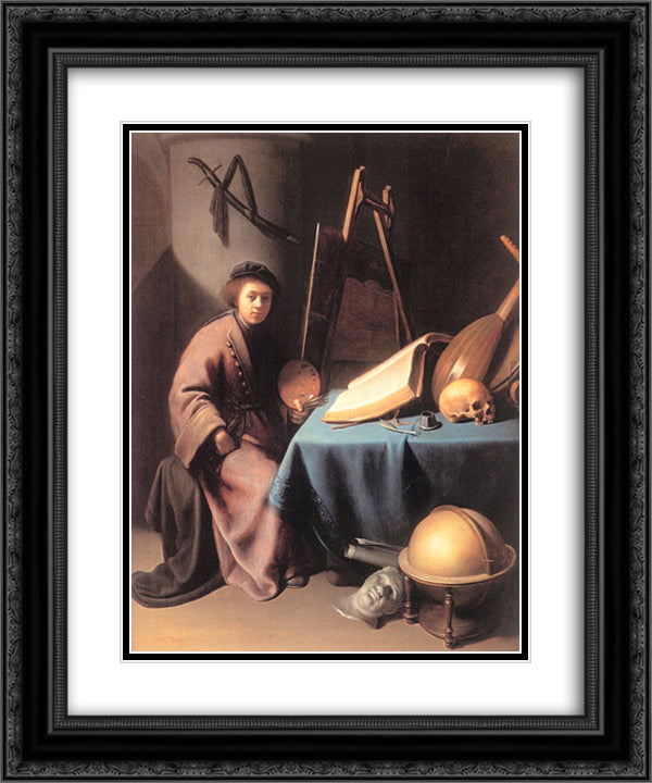 Artist in His Studio 20x24 Black Ornate Wood Framed Art Print Poster with Double Matting by Gerrit, Dou