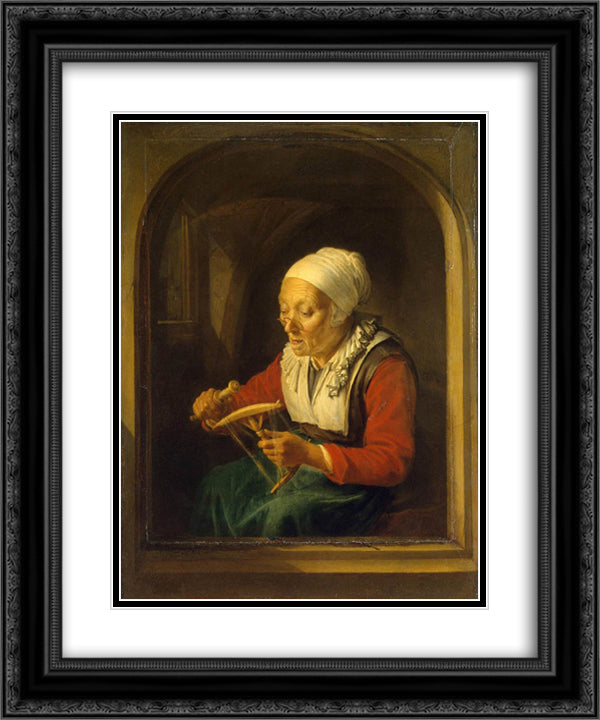Old Woman Unreeling Threads 20x24 Black Ornate Wood Framed Art Print Poster with Double Matting by Gerrit, Dou