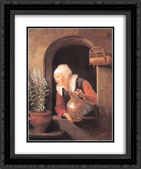 Old Woman Watering Flowers 20x24 Black Ornate Wood Framed Art Print Poster with Double Matting by Gerrit, Dou
