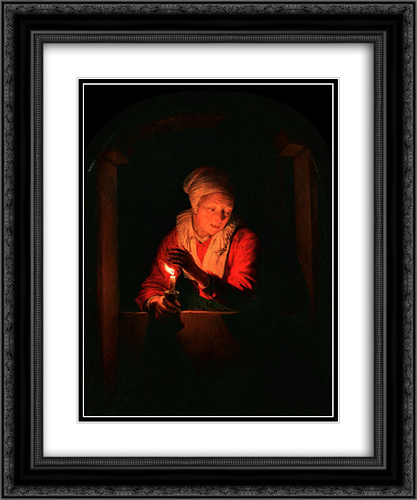Old woman with a candle 20x24 Black Ornate Wood Framed Art Print Poster with Double Matting by Gerrit, Dou