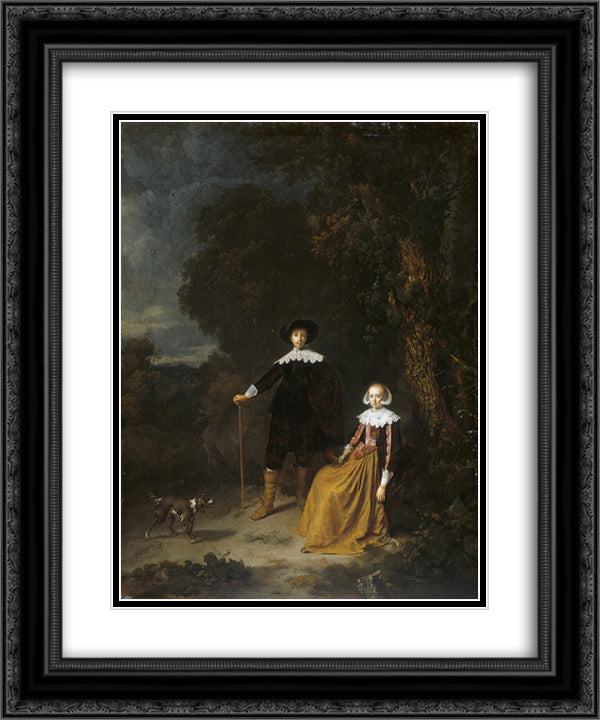 Portrait of a couple in a landscape 20x24 Black Ornate Wood Framed Art Print Poster with Double Matting by Gerrit, Dou