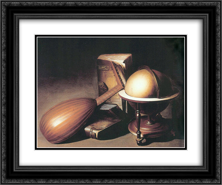 Still Life with Globe, Lute, and Books 24x20 Black Ornate Wood Framed Art Print Poster with Double Matting by Gerrit, Dou