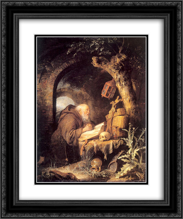 The Hermit 20x24 Black Ornate Wood Framed Art Print Poster with Double Matting by Gerrit, Dou