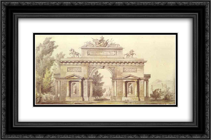 Design of a Triumphal Arch 24x16 Black Ornate Wood Framed Art Print Poster with Double Matting by Quarenghi, Giacomo