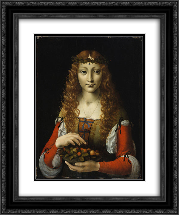 Girl with Cherries (also attributed to Giovanni Ambrogio de Predis) 20x24 Black Ornate Wood Framed Art Print Poster with Double Matting by Boltraffio, Giovanni Antonio